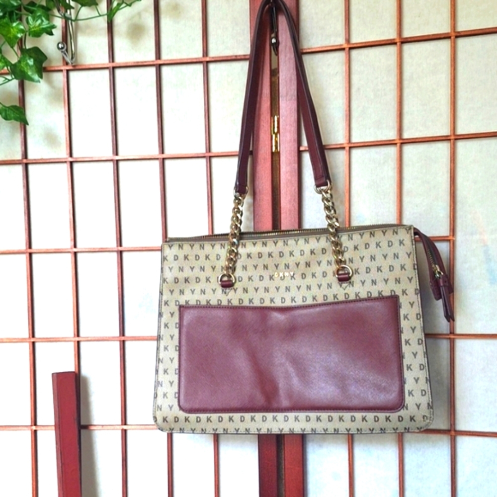 DNKY Monogram Chain Strap Zip-top Tote Bag - Color: Natural/Wine